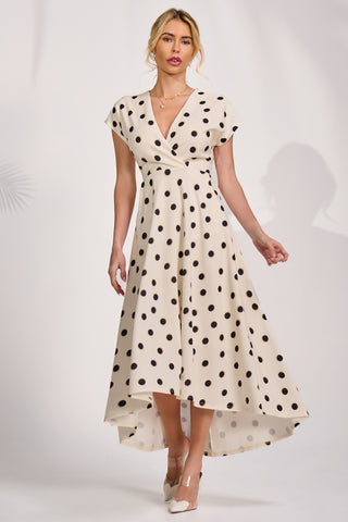 Printed Scuba Dipped Hem Maxi Dress, Cream Spot