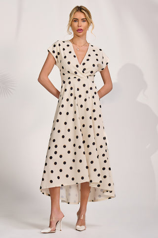 Printed Scuba Dipped Hem Maxi Dress, Cream Spot