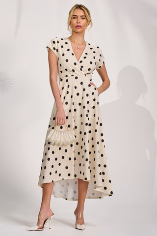 Printed Scuba Dipped Hem Maxi Dress, Cream Spot