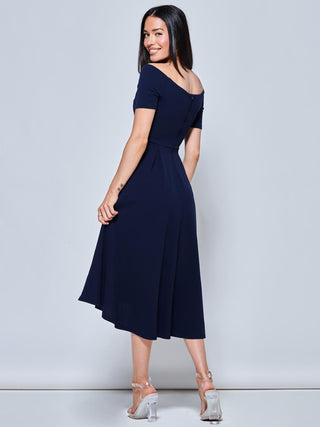 Fit & Flare Pleated Ponte Midi Dress, Navy Spot – Jolie Moi Retail