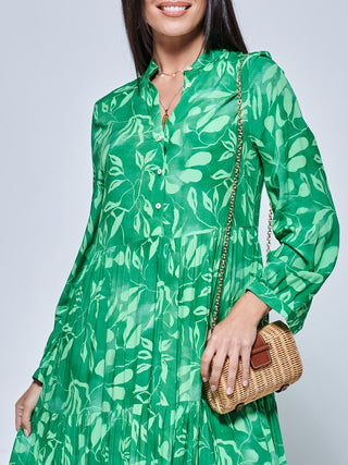 Long Sleeve Holiday Maxi Shirt Dress, Green Abstract