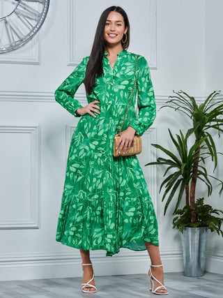 Long Sleeve Holiday Maxi Shirt Dress, Green Abstract