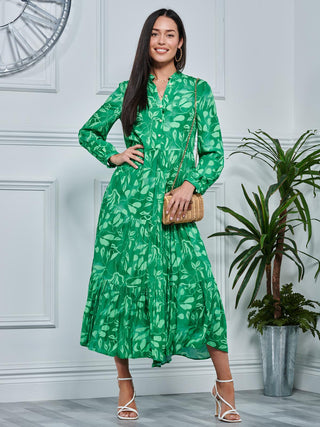 Long Sleeve Holiday Maxi Shirt Dress, Green Abstract Jolie Moi Retail Long Sleeve Holiday Maxi Shirt Dress, Green Abstract Jolie Moi Retail