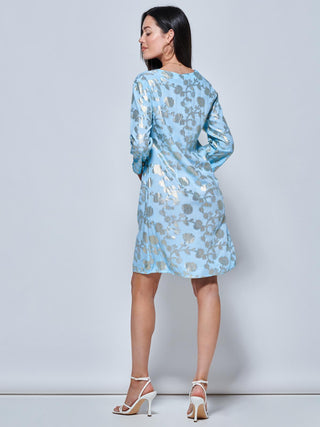 3/4 Sleeve Printed Midi Tunic Holiday Dress, Blue Abstract