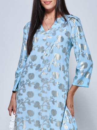 3/4 Sleeve Printed Midi Tunic Holiday Dress, Blue Abstract