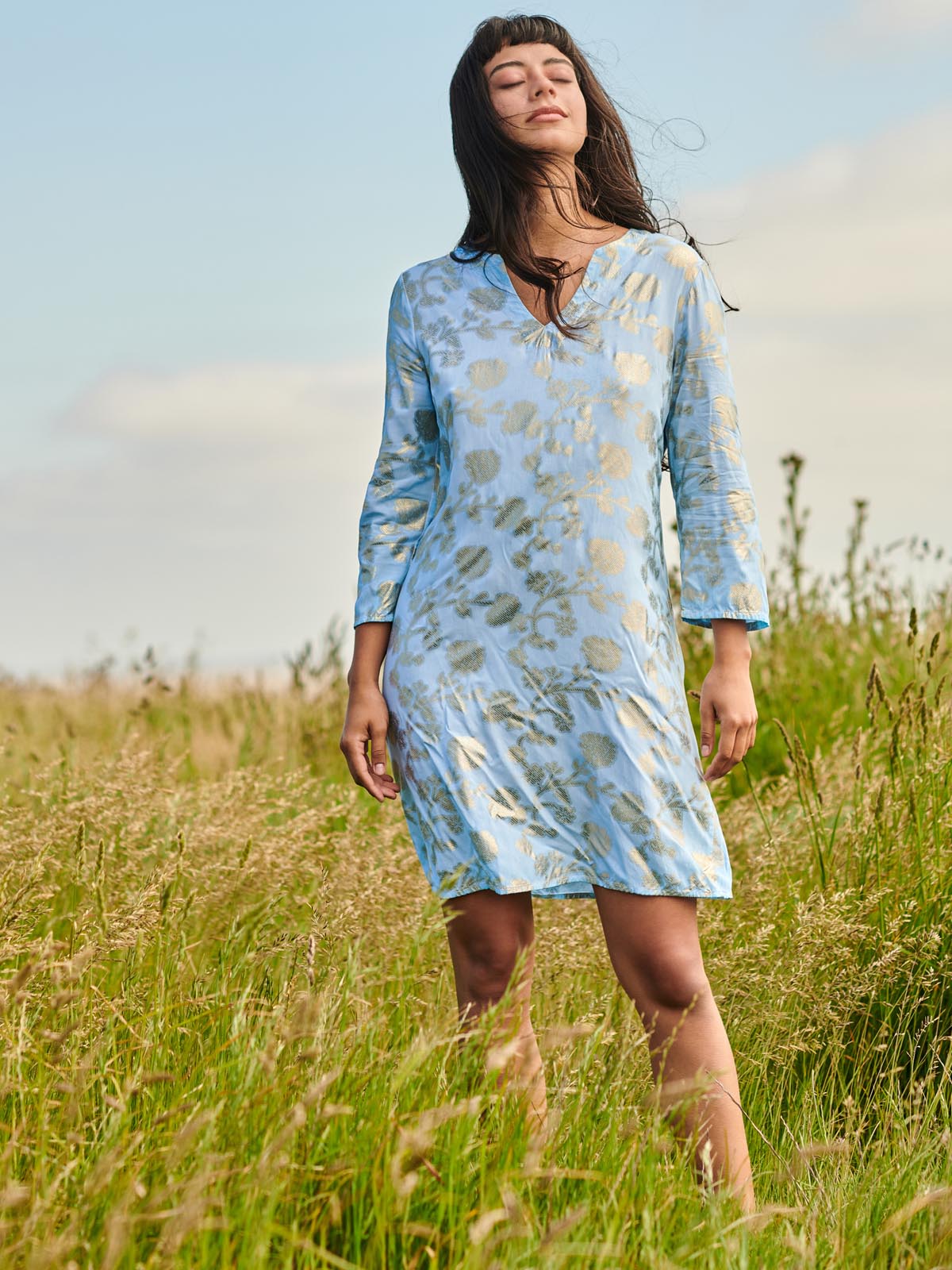 3 4 Sleeve Printed Midi Tunic Holiday Dress Blue Abstract