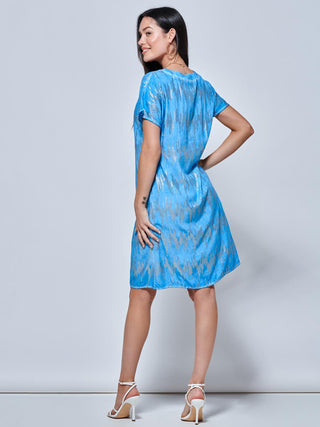 Loose Fit Tunic Holiday Midi Dress, Blue Abstract