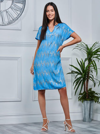 Loose Fit Tunic Holiday Midi Dress, Blue Abstract