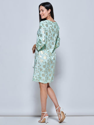 3/4 Sleeve Printed Midi Tunic Holiday Dress, Green Abstract Jolie Moi Retail 3/4 Sleeve Printed Midi Tunic Holiday Dress, Green Abstract Jolie Moi Retail