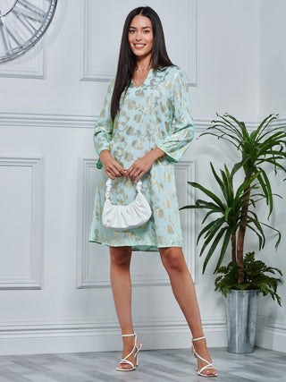 3/4 Sleeve Printed Midi Tunic Holiday Dress, Green Abstract Jolie Moi Retail 3/4 Sleeve Printed Midi Tunic Holiday Dress, Green Abstract Jolie Moi Retail