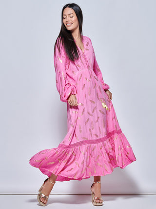 Long Sleeved Lace Trim Holiday Maxi Dress, Pink Multi