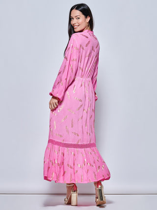 Long Sleeved Lace Trim Holiday Maxi Dress, Pink Multi