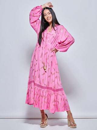 Long Sleeved Lace Trim Holiday Maxi Dress, Pink Multi Jolie Moi Retail Long Sleeved Lace Trim Holiday Maxi Dress, Pink Multi Jolie Moi Retail