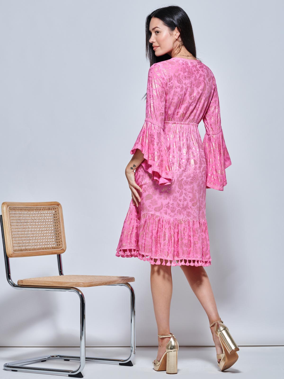 Crochet Trim Midi Holiday Dress Pink Pattern