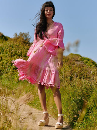 Crochet Trim Midi Holiday Dress, Pink Pattern