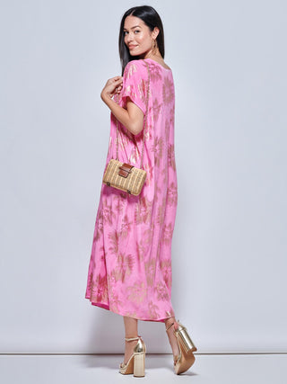 Short Sleeve Tunic Holiday Maxi Dress, Pink Abstract