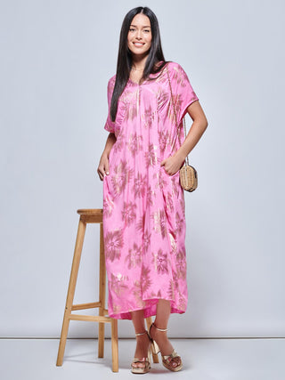 Short Sleeve Tunic Holiday Maxi Dress, Pink Abstract