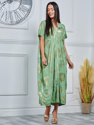 Short Sleeve Tunic Holiday Maxi Dress, Green Abstract – Jolie Moi