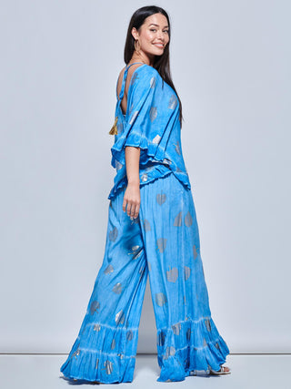 Ruffle Trim Kimono Sleeve Holiday Blouse, Blue Abstract