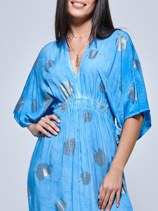 Printed Kimono Sleeve Holiday Maxi Dress, Blue Multi