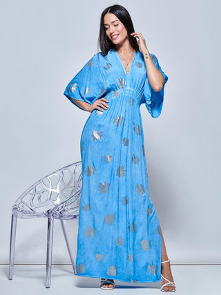 Printed Kimono Sleeve Holiday Maxi Dress, Blue Multi
