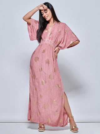 Printed Kimono Sleeve Holiday Maxi Dress, Mauve