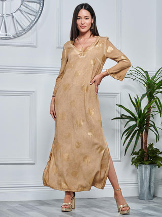 3/4 Sleeve Loose Fit Holiday Tunic Maxi Dress, Khaki Pattern Jolie Moi Retail 3/4 Sleeve Loose Fit Holiday Tunic Maxi Dress, Khaki Pattern Jolie Moi Retail
