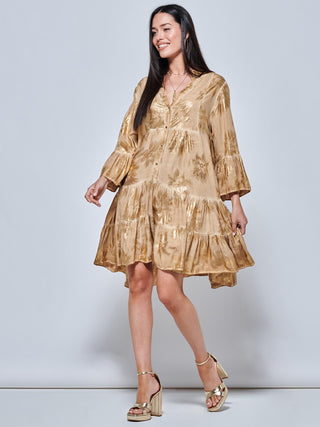 Printed Tiered Hem Holiday Midi Dress, Khaki Pattern