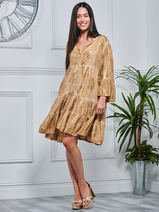 Printed Tiered Hem Holiday Midi Dress, Khaki Pattern