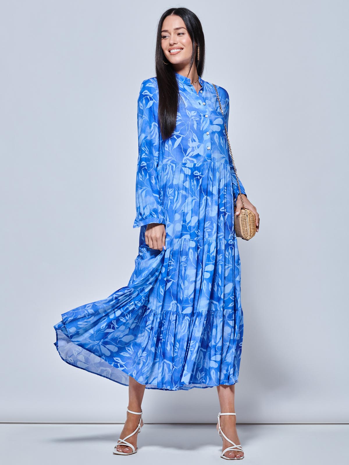 Long Sleeve Holiday Maxi Shirt Dress Blue Abstract