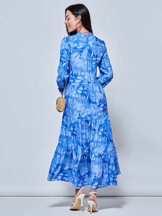Long Sleeve Holiday Maxi Shirt Dress, Blue Abstract