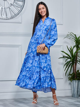 Long Sleeve Holiday Maxi Shirt Dress, Blue Abstract Jolie Moi Retail Long Sleeve Holiday Maxi Shirt Dress, Blue Abstract Jolie Moi Retail