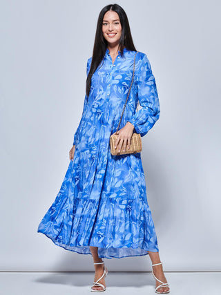 Long Sleeve Holiday Maxi Shirt Dress, Blue Abstract