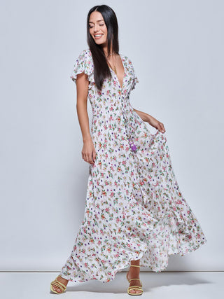 Angel Sleeved High Low Holiday Maxi Dress, Pink Floral