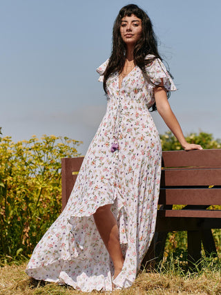 Angel Sleeved High Low Holiday Maxi Dress, Pink Floral
