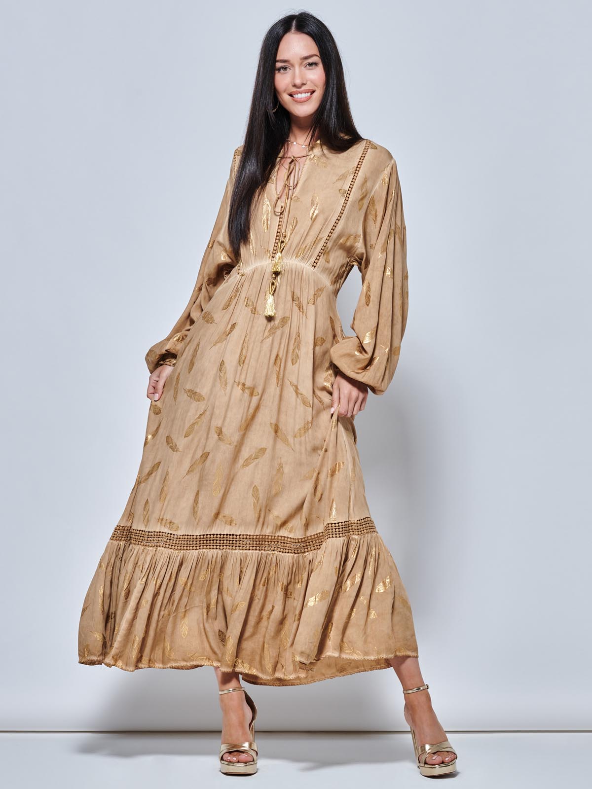 Khaki maxi outlet dress with sleeves