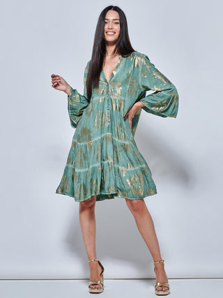 Printed Tiered Hem Holiday Midi Dress, Green Abstract