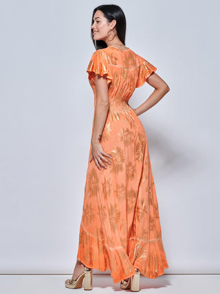 Angel Sleeve Button Front Holiday Maxi Dress, Orange Multi