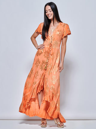 Angel Sleeve Button Front Holiday Maxi Dress, Orange Multi – Jolie