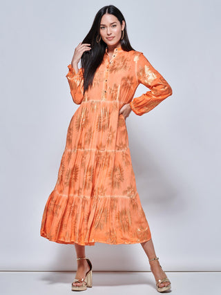 Loose Fit Tiered Holiday Maxi Shirt Dress, Orange Multi Jolie Moi Retail Loose Fit Tiered Holiday Maxi Shirt Dress, Orange Multi Jolie Moi Retail