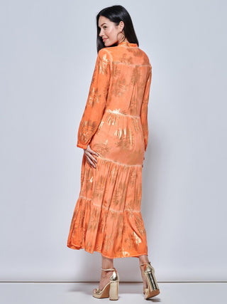 Loose Fit Tiered Holiday Maxi Shirt Dress, Orange Multi