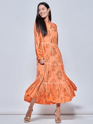 Loose Fit Tiered Holiday Maxi Shirt Dress, Orange Multi Jolie Moi Retail Loose Fit Tiered Holiday Maxi Shirt Dress, Orange Multi Jolie Moi Retail
