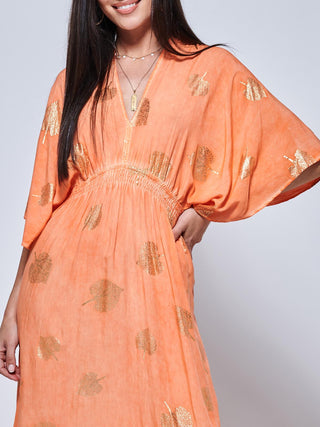 Printed Kimono Sleeve Holiday Maxi Dress, Orange Multi