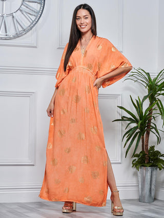 Printed Kimono Sleeve Holiday Maxi Dress, Orange Multi