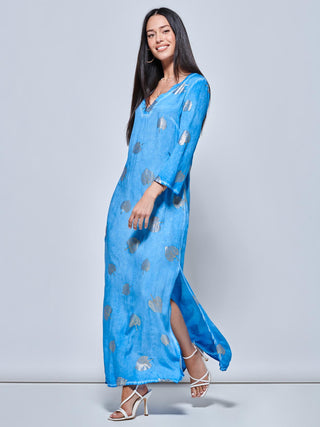 3/4 Sleeve Loose Fit Holiday Tunic Maxi Dress, Blue Pattern Jolie Moi Retail 3/4 Sleeve Loose Fit Holiday Tunic Maxi Dress, Blue Pattern Jolie Moi Retail