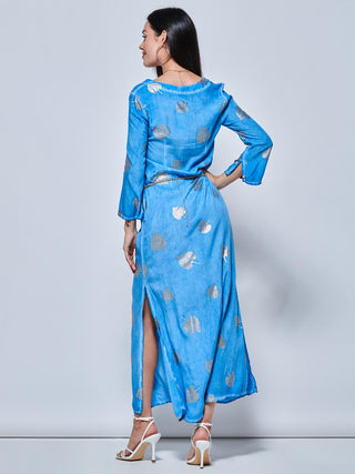 3/4 Sleeve Loose Fit Holiday Tunic Maxi Dress, Blue Pattern Jolie Moi Retail 3/4 Sleeve Loose Fit Holiday Tunic Maxi Dress, Blue Pattern Jolie Moi Retail