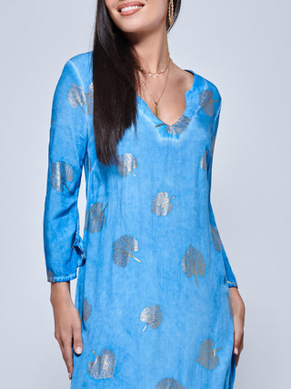 3/4 Sleeve Loose Fit Holiday Tunic Maxi Dress, Blue Pattern