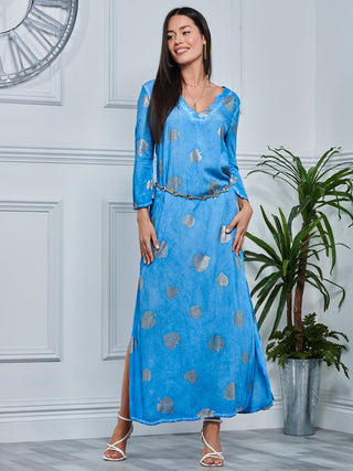 3/4 Sleeve Loose Fit Holiday Tunic Maxi Dress, Blue Pattern Jolie Moi Retail 3/4 Sleeve Loose Fit Holiday Tunic Maxi Dress, Blue Pattern Jolie Moi Retail
