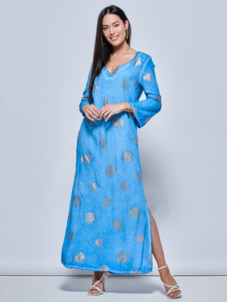 3/4 Sleeve Loose Fit Holiday Tunic Maxi Dress, Blue Pattern