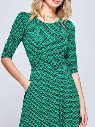 Round Neck Sleeved Jersey Maxi Dress, Green Geometric